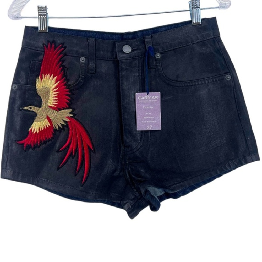 Carmar Titania Fitz Slim Fit High Rise Black Shorts Bird Design 27 Button Fly